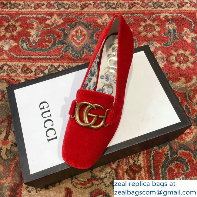 Gucci Velvet Mid-Heel Pumps Red with Double G 2018