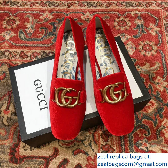 Gucci Velvet Mid-Heel Pumps Red with Double G 2018