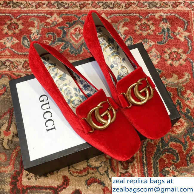 Gucci Velvet Mid-Heel Pumps Red with Double G 2018