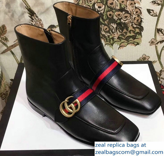 Gucci Web Strap With Double G Leather Boots Black 2018 - Click Image to Close