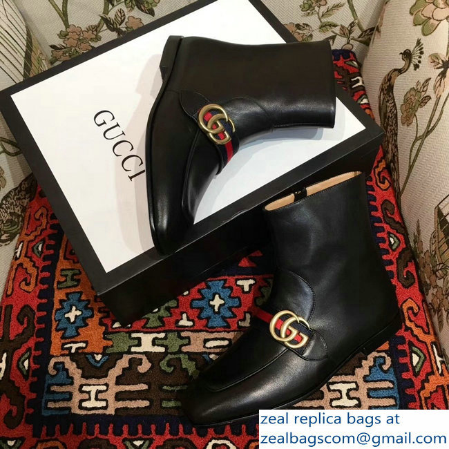 Gucci Web Strap With Double G Leather Boots Black 2018 - Click Image to Close