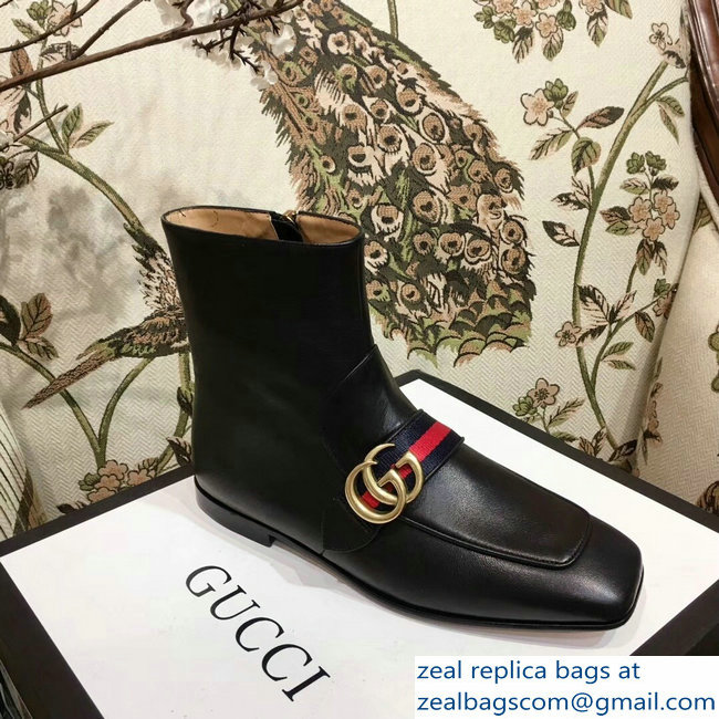Gucci Web Strap With Double G Leather Boots Black 2018 - Click Image to Close