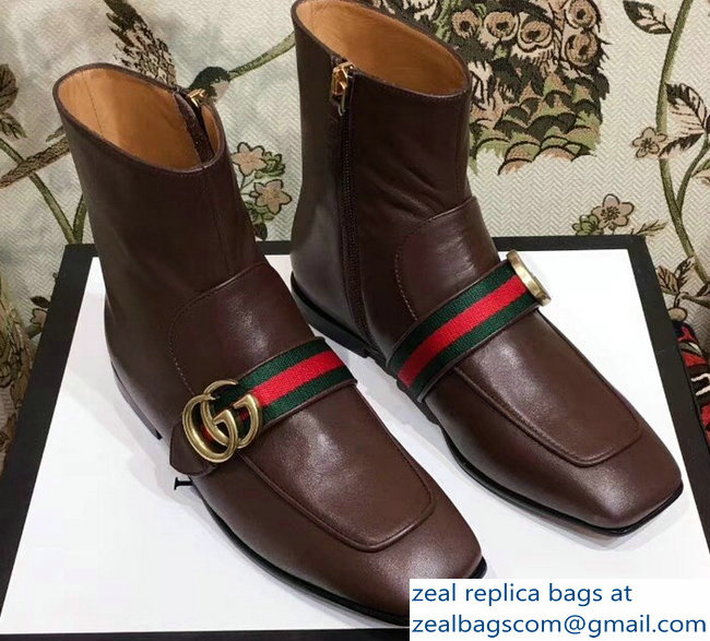 Gucci Web Strap With Double G Leather Boots Coffee 2018 - Click Image to Close