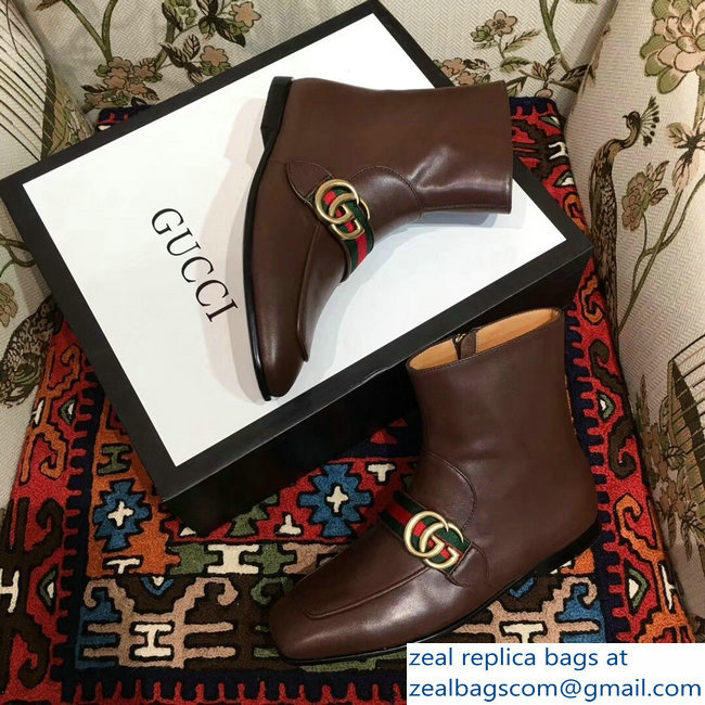 Gucci Web Strap With Double G Leather Boots Coffee 2018 - Click Image to Close