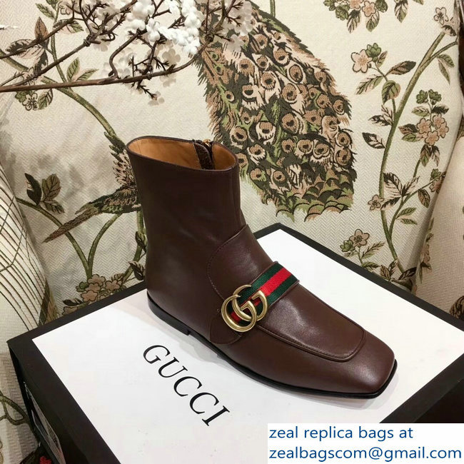 Gucci Web Strap With Double G Leather Boots Coffee 2018 - Click Image to Close