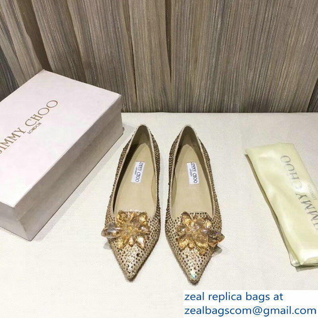 Jimmy Choo Flower and Crystal Covered Flats Gold 2018 - Click Image to Close
