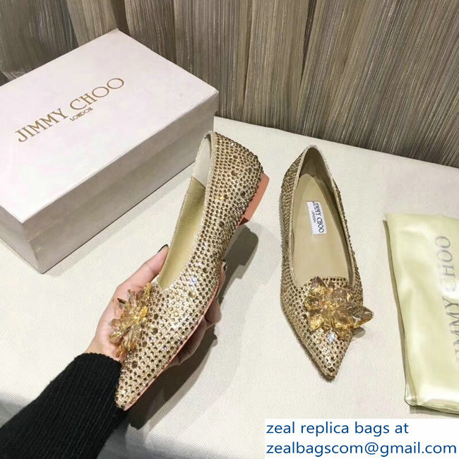 Jimmy Choo Flower and Crystal Covered Flats Gold 2018