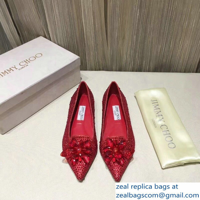 Jimmy Choo Flower and Crystal Covered Flats Red 2018