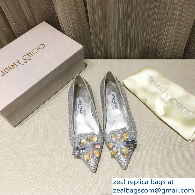 Jimmy Choo Flower and Crystal Covered Flats Silver 2018