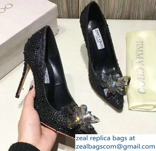 Jimmy Choo Heel 10.5cm Flower and Crystal Covered Pumps Black 2018