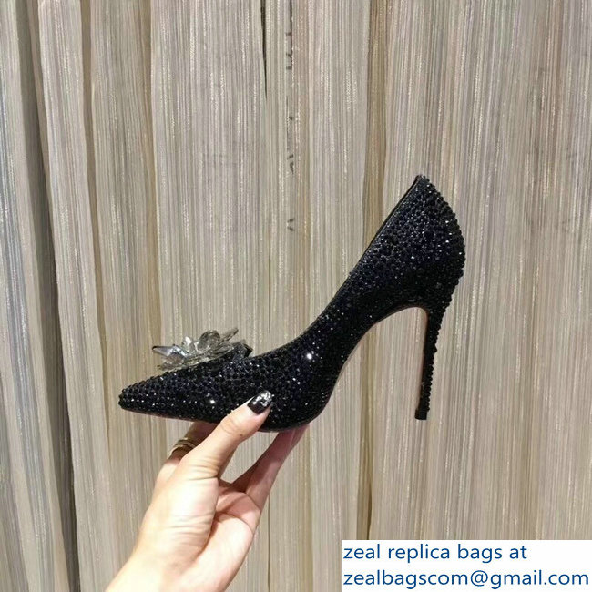 Jimmy Choo Heel 10.5cm Flower and Crystal Covered Pumps Black 2018 - Click Image to Close