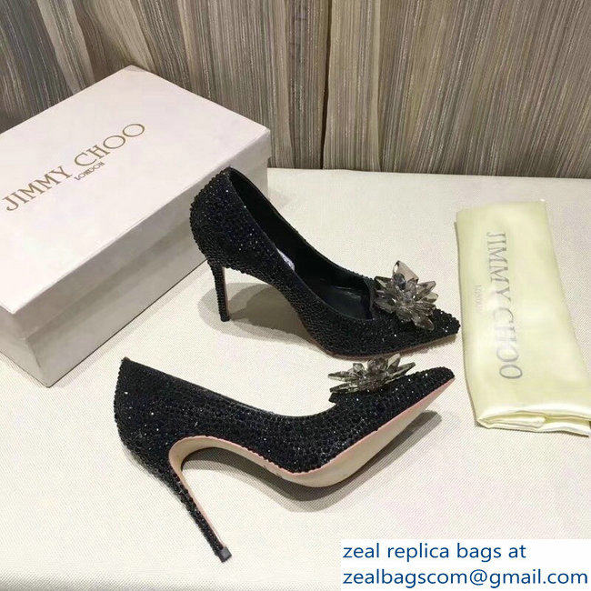 Jimmy Choo Heel 10.5cm Flower and Crystal Covered Pumps Black 2018