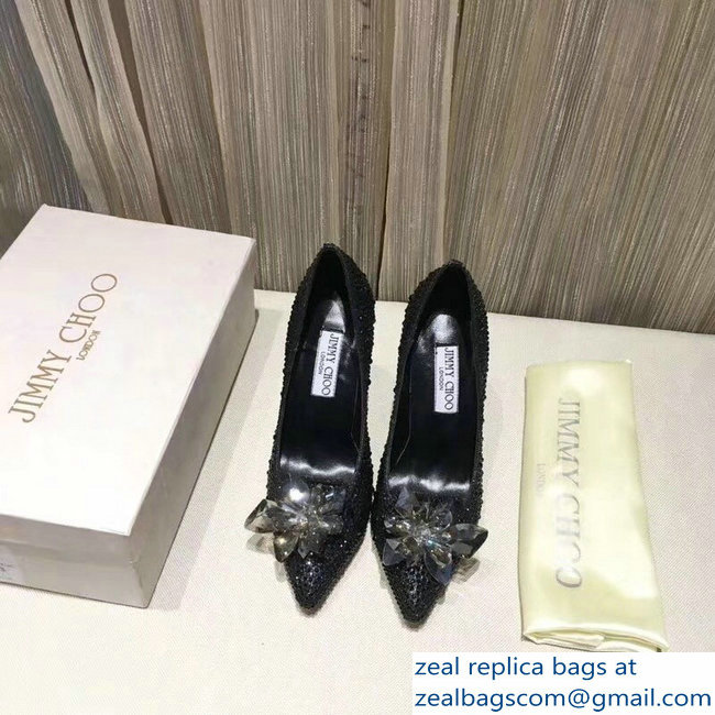 Jimmy Choo Heel 10.5cm Flower and Crystal Covered Pumps Black 2018