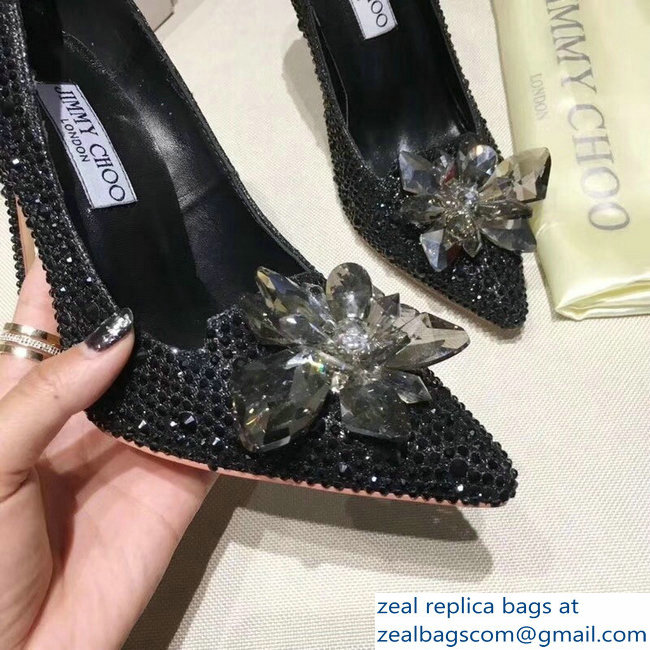 Jimmy Choo Heel 10.5cm Flower and Crystal Covered Pumps Black 2018 - Click Image to Close