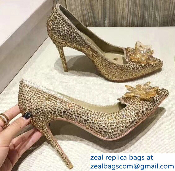 Jimmy Choo Heel 10.5cm Flower and Crystal Covered Pumps Gold 2018