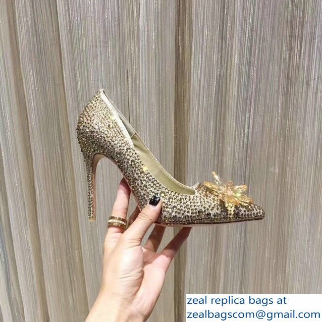 Jimmy Choo Heel 10.5cm Flower and Crystal Covered Pumps Gold 2018 - Click Image to Close