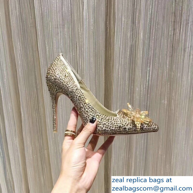 Jimmy Choo Heel 10.5cm Flower and Crystal Covered Pumps Gold 2018