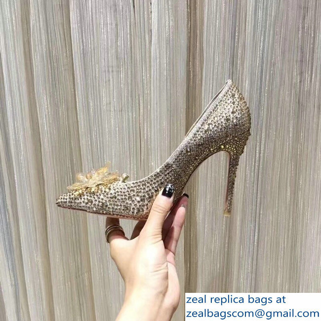 Jimmy Choo Heel 10.5cm Flower and Crystal Covered Pumps Gold 2018 - Click Image to Close
