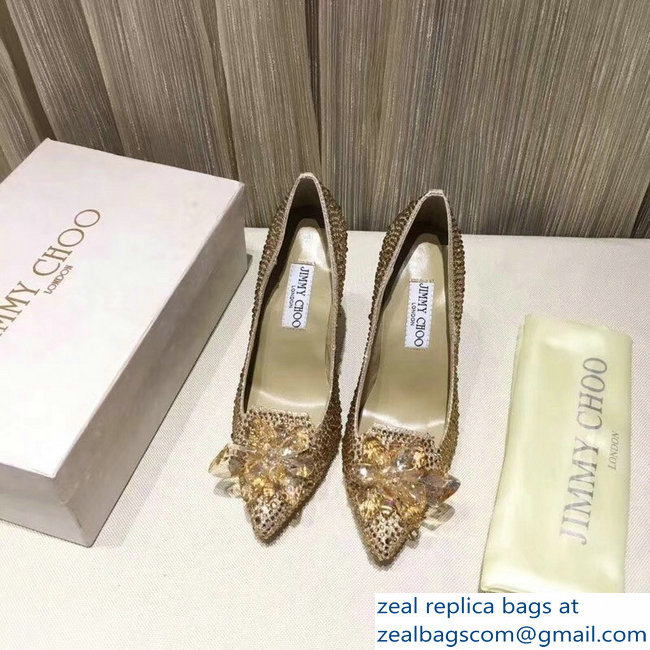 Jimmy Choo Heel 10.5cm Flower and Crystal Covered Pumps Gold 2018 - Click Image to Close