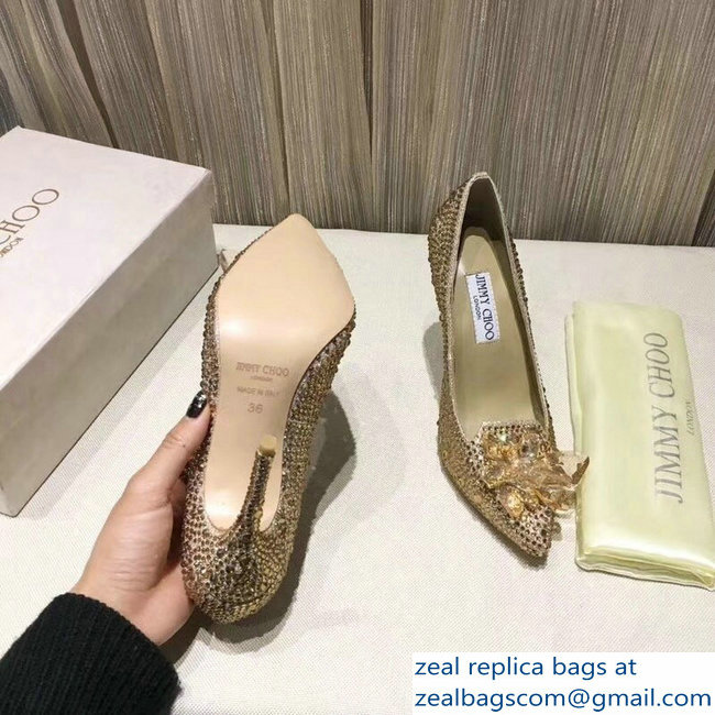 Jimmy Choo Heel 10.5cm Flower and Crystal Covered Pumps Gold 2018 - Click Image to Close