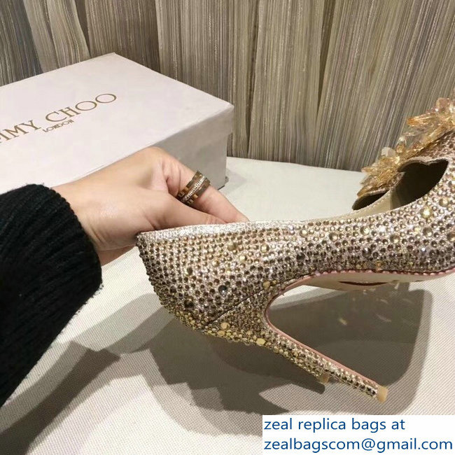 Jimmy Choo Heel 10.5cm Flower and Crystal Covered Pumps Gold 2018 - Click Image to Close