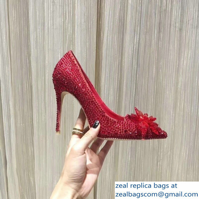Jimmy Choo Heel 10.5cm Flower and Crystal Covered Pumps Red 2018 - Click Image to Close