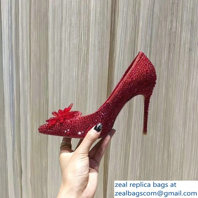 Jimmy Choo Heel 10.5cm Flower and Crystal Covered Pumps Red 2018