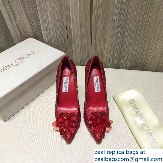 Jimmy Choo Heel 10.5cm Flower and Crystal Covered Pumps Red 2018 - Click Image to Close
