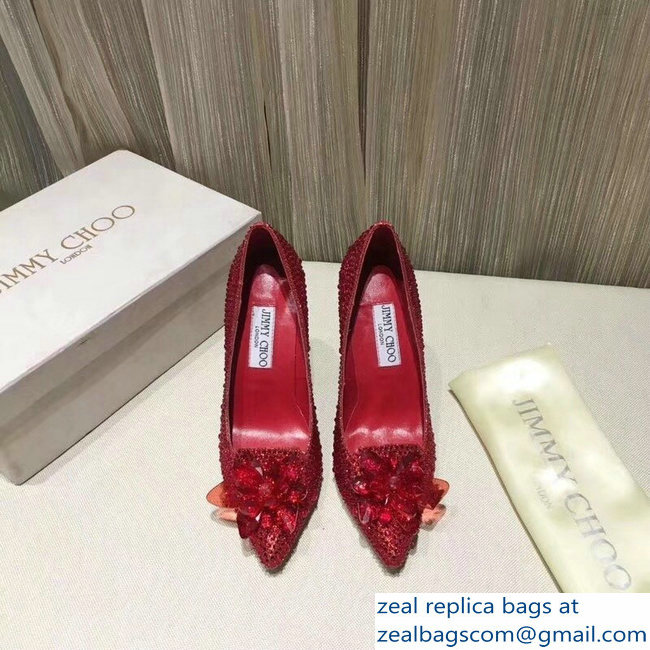 Jimmy Choo Heel 10.5cm Flower and Crystal Covered Pumps Red 2018