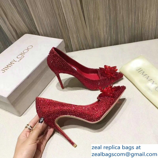 Jimmy Choo Heel 10.5cm Flower and Crystal Covered Pumps Red 2018