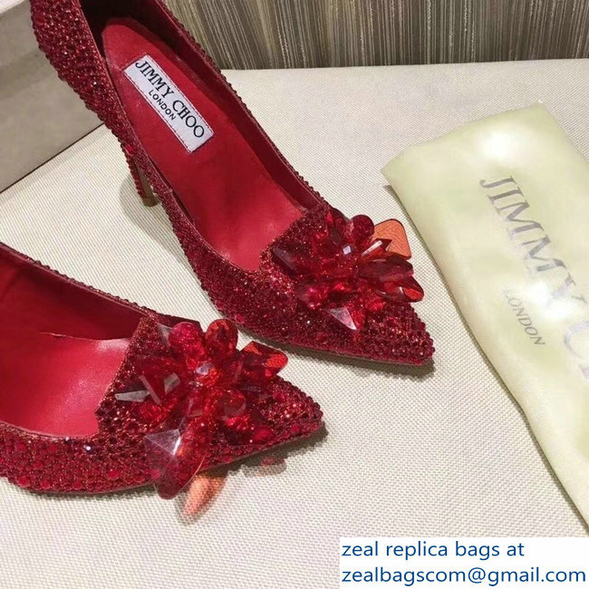 Jimmy Choo Heel 10.5cm Flower and Crystal Covered Pumps Red 2018 - Click Image to Close