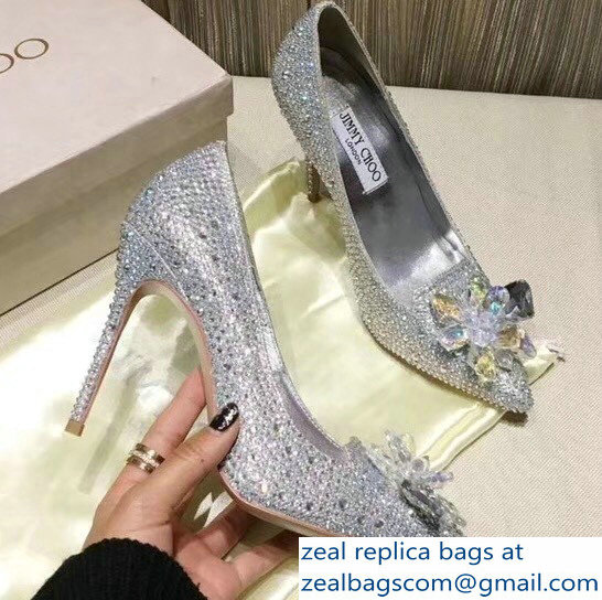 Jimmy Choo Heel 10.5cm Flower and Crystal Covered Pumps Silver 2018 - Click Image to Close