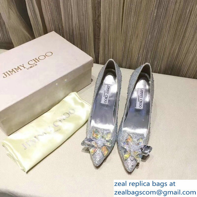 Jimmy Choo Heel 10.5cm Flower and Crystal Covered Pumps Silver 2018