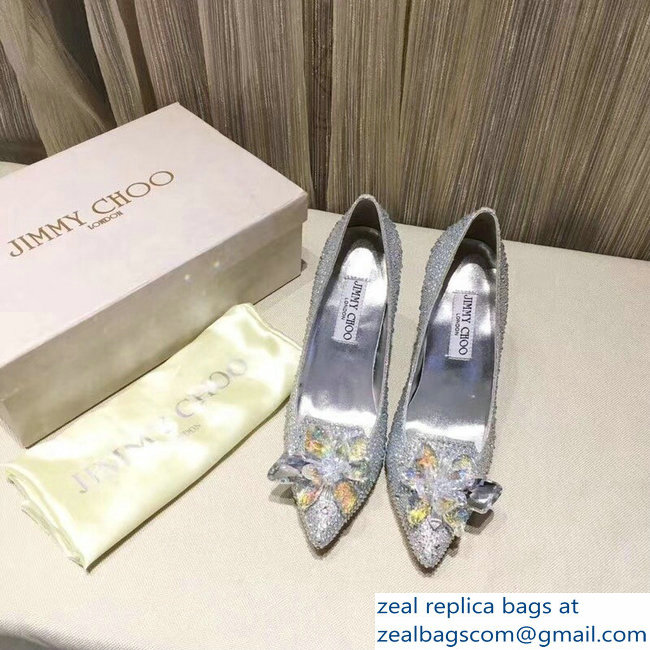 Jimmy Choo Heel 10.5cm Flower and Crystal Covered Pumps Silver 2018 - Click Image to Close