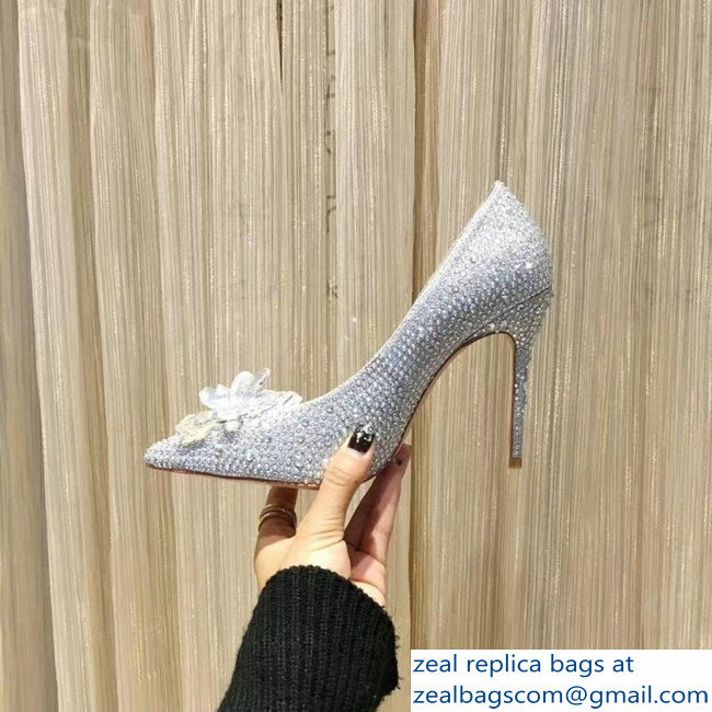 Jimmy Choo Heel 10.5cm Flower and Crystal Covered Pumps Silver 2018