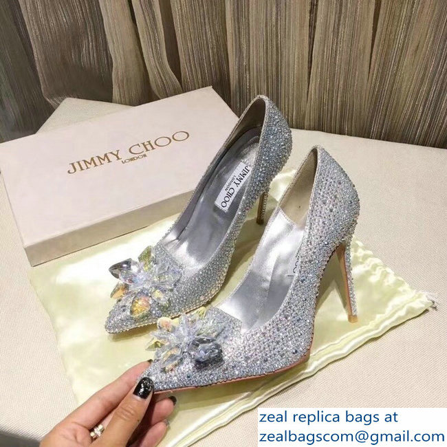 Jimmy Choo Heel 10.5cm Flower and Crystal Covered Pumps Silver 2018 - Click Image to Close