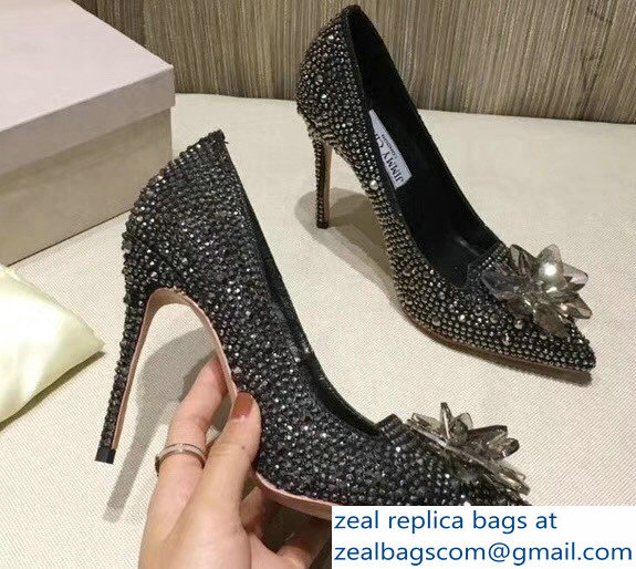 Jimmy Choo Heel 10.5cm Flower and Crystal Covered Pumps Silver Gray 2018