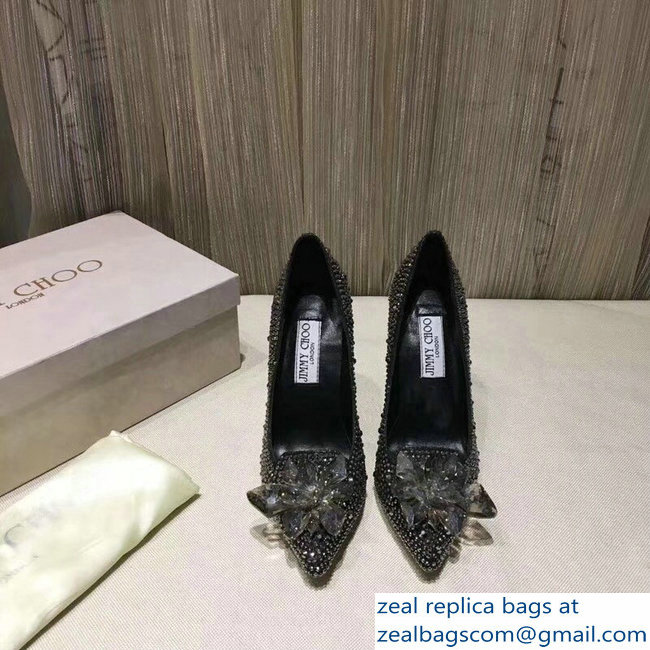 Jimmy Choo Heel 10.5cm Flower and Crystal Covered Pumps Silver Gray 2018