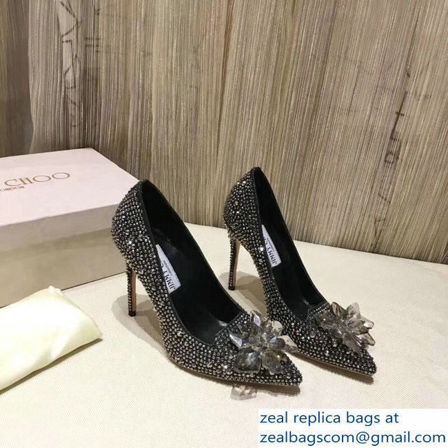 Jimmy Choo Heel 10.5cm Flower and Crystal Covered Pumps Silver Gray 2018