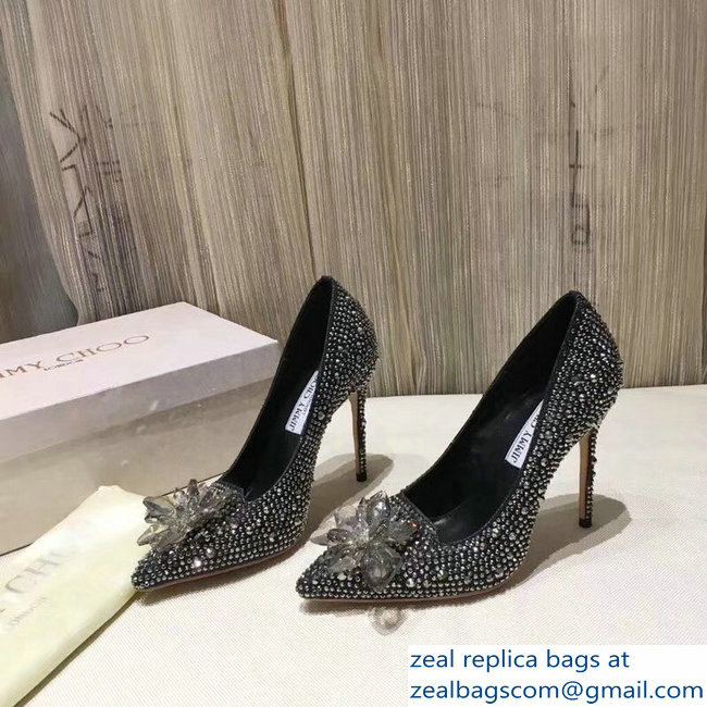 Jimmy Choo Heel 10.5cm Flower and Crystal Covered Pumps Silver Gray 2018 - Click Image to Close