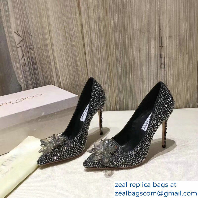 Jimmy Choo Heel 10.5cm Flower and Crystal Covered Pumps Silver Gray 2018