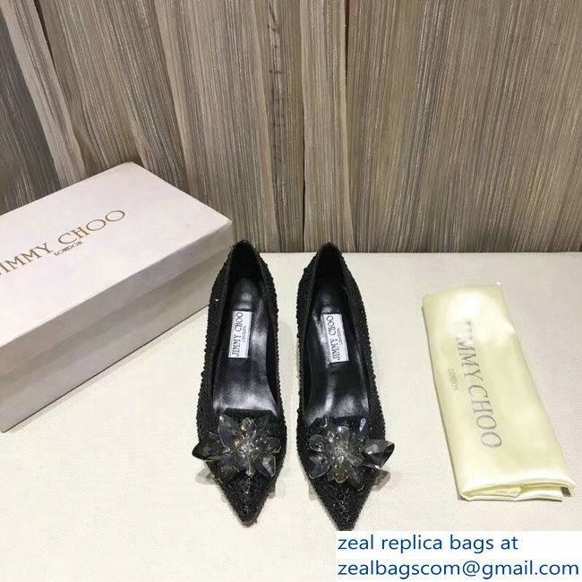 Jimmy Choo Heel 6.5cm Flower and Crystal Covered Pumps Black 2018 - Click Image to Close