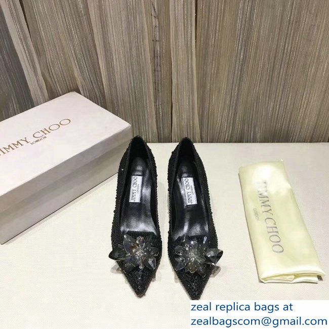 Jimmy Choo Heel 6.5cm Flower and Crystal Covered Pumps Black 2018