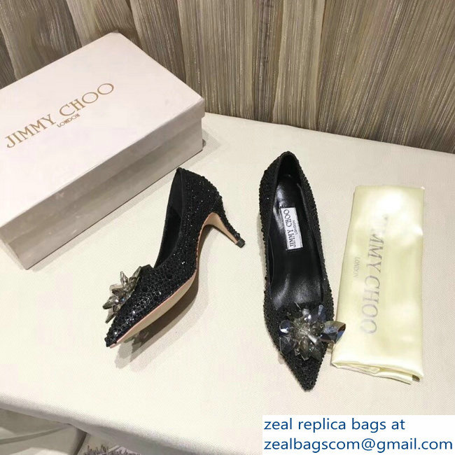 Jimmy Choo Heel 6.5cm Flower and Crystal Covered Pumps Black 2018