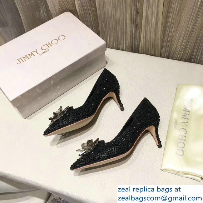 Jimmy Choo Heel 6.5cm Flower and Crystal Covered Pumps Black 2018