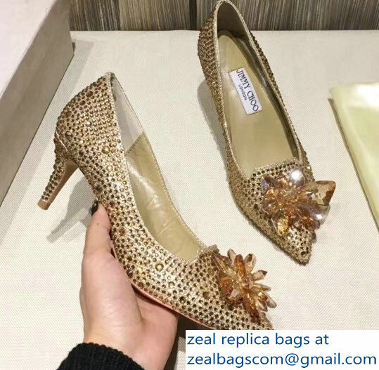 Jimmy Choo Heel 6.5cm Flower and Crystal Covered Pumps Gold 2018 - Click Image to Close