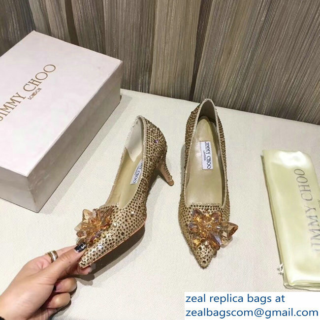 Jimmy Choo Heel 6.5cm Flower and Crystal Covered Pumps Gold 2018 - Click Image to Close