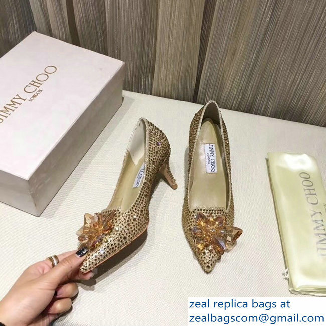 Jimmy Choo Heel 6.5cm Flower and Crystal Covered Pumps Gold 2018