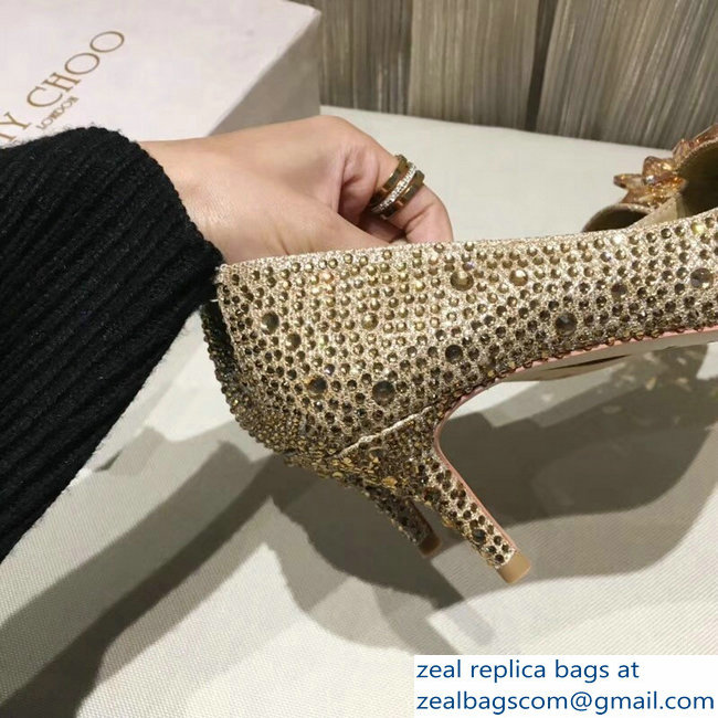 Jimmy Choo Heel 6.5cm Flower and Crystal Covered Pumps Gold 2018 - Click Image to Close