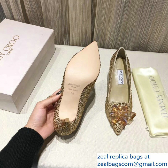 Jimmy Choo Heel 6.5cm Flower and Crystal Covered Pumps Gold 2018 - Click Image to Close